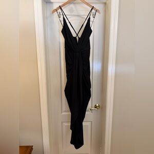 Miss Avenue Black Backless V-Neck Draped Evening Dress